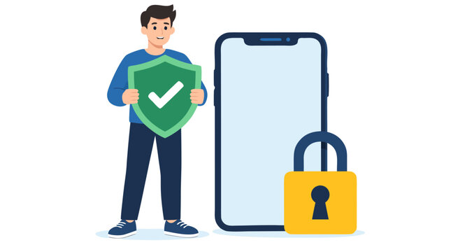 Confident man holding green shield with checkmark protecting smartphone device with golden padlock security icon, digital safety concept flat vector illustration - detailed commercial stock imagery