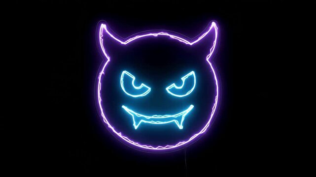 Glowing neon devil emoji icon with horns and fangs isolated on black background