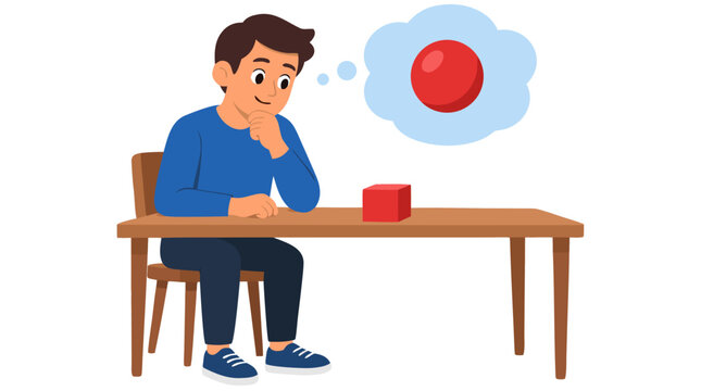 Young person in blue shirt sitting at wooden table with red cube, imagination concept with thought bubble showing perfect red sphere, creativity and potential theme, flat design vector illustration