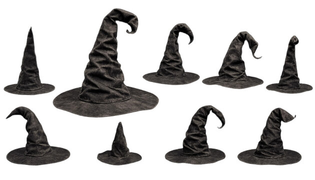 Halloween witch hats collection with various crooked shapes and black velvet fabric textures