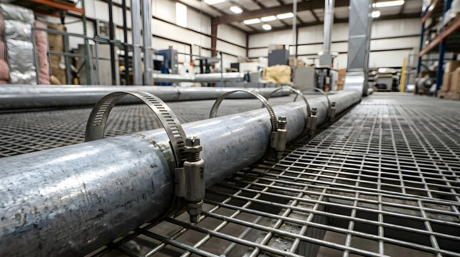 Industrial ventilation system featuring a secure air duckt clamp on metal piping inside a large factory warehouse