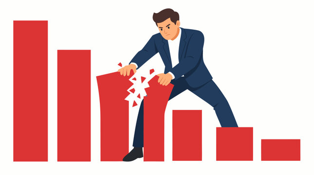 Businessman breaking descending red bar graph with hands representing cost reduction expense cutting financial decline stopping corporate strategy illustration vector - detailed commercial stock
