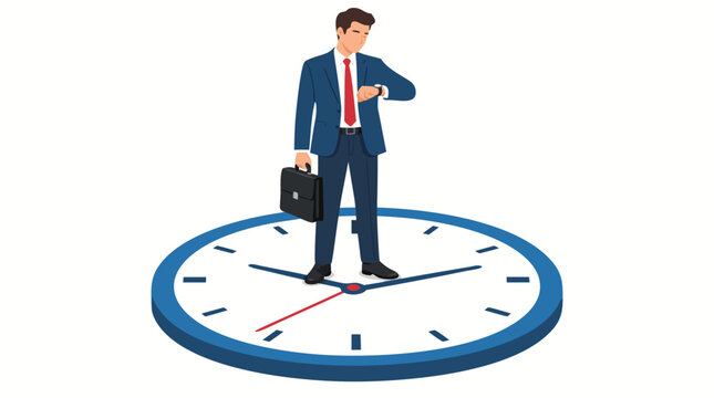 Professional Businessman in Navy Blue Suit Standing on Giant Clock Face Checking Wristwatch Time Management Concept Flat Vector Illustration Isolated on Clean White Background