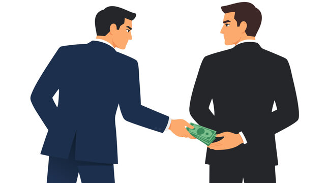 Secret cash handoff between two businessmen in suits, corruption and bribery concept, bold flat vector illustration, corporate fraud, illegal payment, white collar crime, business ethics, scandal