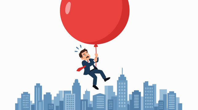 Nervous businessman clinging to large red balloon representing financial bubble floating above city skyline, economic anxiety and market volatility concept illustration detailed commercial stock