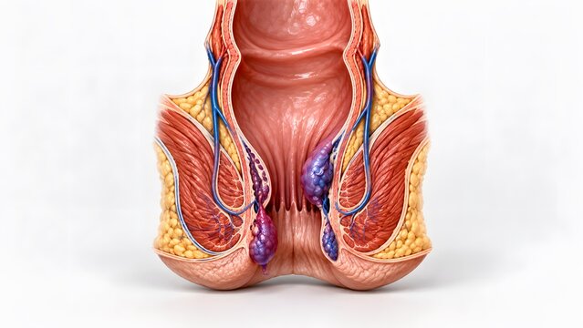 AI generated medical illustration of internal and external hemorrhoids in the human rectum anatomical cross-section