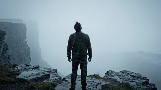 Man Standing On Cliff With Arms Outstretched In Foggy Landscape Embracing Nature's Majesty And Freedom