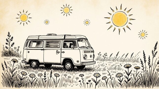 Hand drawn camper van sits in sunny field with flowers. Simple line art style evokes freedom and travel. Whimsical doodle art for nature adventure themes. Vehicle parks in grassy meadow.