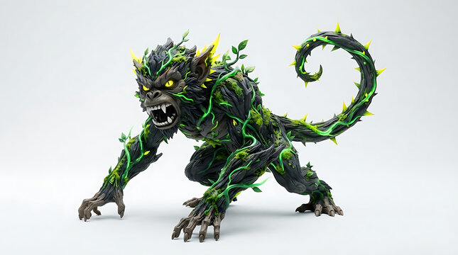 Aggressive fantasy plant monkey creature with glowing yellow eyes and thorny vines on white background