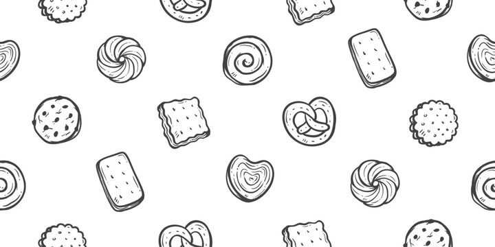 Cookies doodle background. Biscuit pattern background. Chocolate chip cookies seamless pattern. Crackers hand drawn pattern with various shapes. Dessert and snack background for packaging.