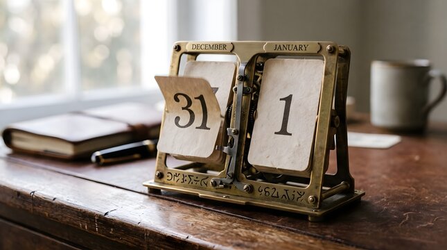 Antique brass desk calendar showing the transition from December 31 to January 1 on a wooden table