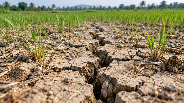Cracked agricultural soil with sparse grass during drought