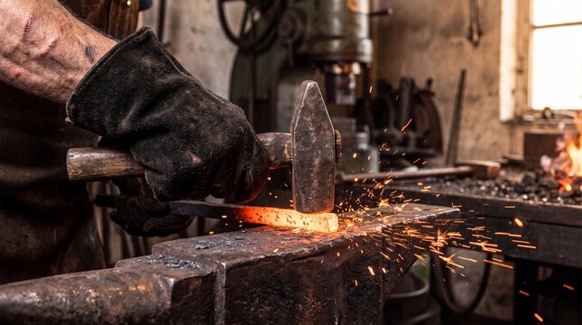 Artisan blacksmith striking glowing hot metal bar with a hammer on a steel anvil, generative AI
