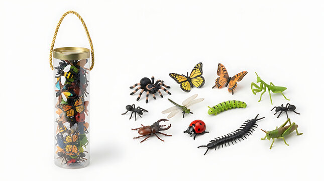 Assorted plastic insect figurines and butterfly collection in clear display jar with rope handle