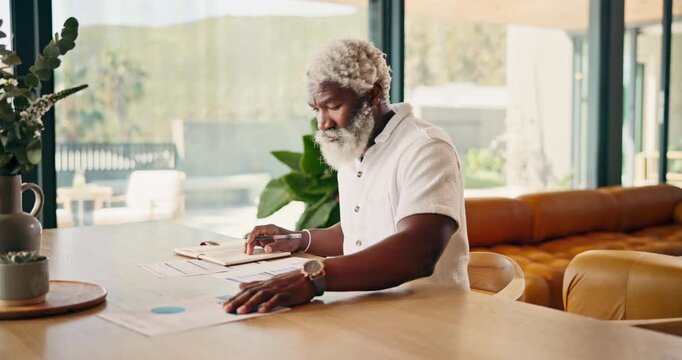 Mature, finance and black man with documents in home for investment statistics, profit or revenue. Male person, analysis or remote work with paperwork for analytics, budget planning or house expenses