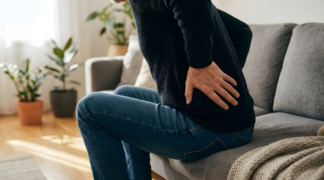 Man clutching his lower back while seated on a gray sofa indoors