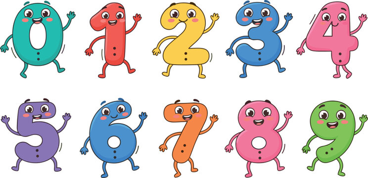 Cute cartoon number set from zero to nine with smiling faces for children education school mathematics poster flashcard design vector illustration