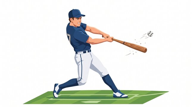 Professional Baseball Player Swinging Bat in Dynamic Action Pose Vector Illustration Isolated on White Background