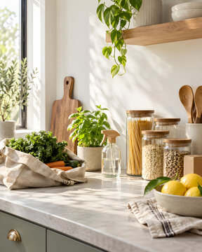 Sustainable zero waste kitchen with reusable storage and fresh produce Bright eco-friendly kitchen featuring reusable glass jars, fresh vegetables, herbs, lemons, wooden utensils, natural cleaning spr