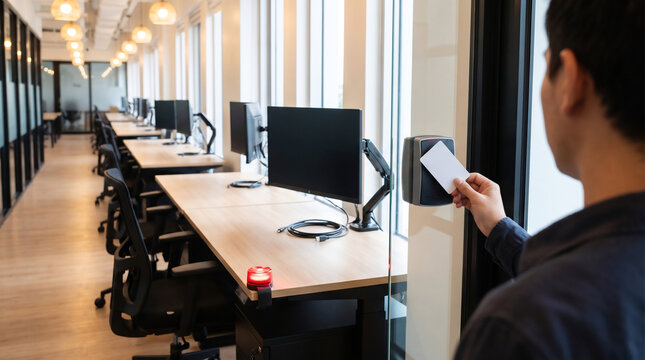 Coworking member holding an access badge against a wall reader beside a row of shared workstations