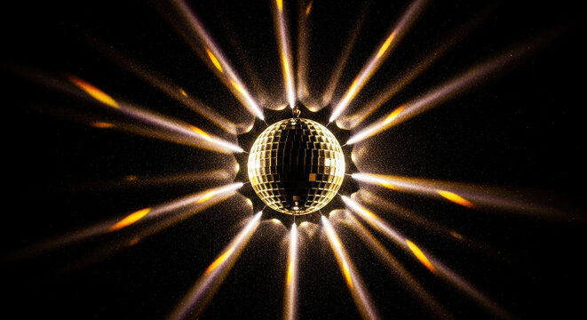 A golden disco ball radiates light outwards, creating a starburst effect against a dark background.