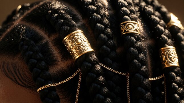 Close up of black box braids hairstyle with ornate gold beads and chains. Intricate woven hair shows cultural detail. Stylish African American woman adorns hair.