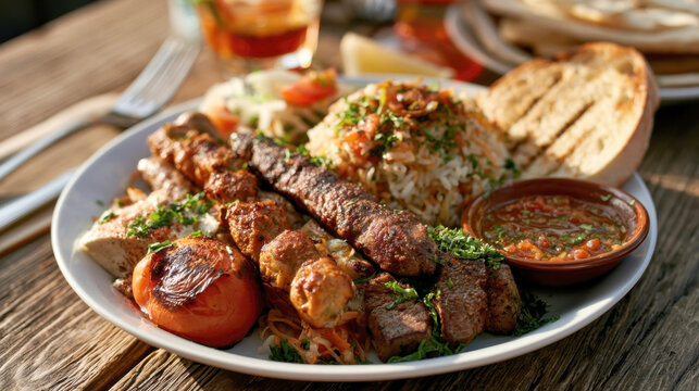 delicious middle eastern grilled meat platter with shish kebab roasted tomato rice pita bread and spicy dip macro food photography for traditional restaurant menu authentic Mediterranean dining