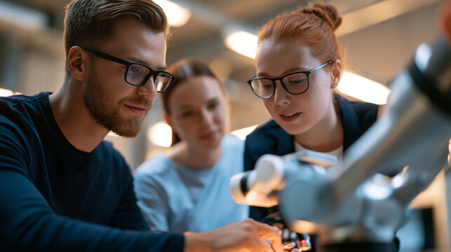 Faceless students and teacher working together with an industrial robot arm in a modern laboratory setting, advanced vocational education concept, with copy space