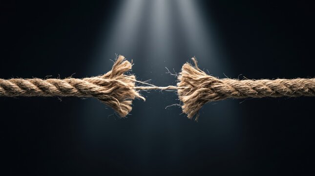 Frayed rope breaking in the middle under tension hanging by a thread on dark background