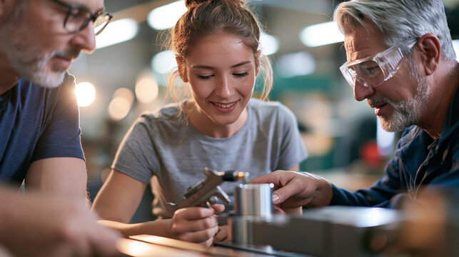 Faceless young female apprentice measuring a metal component with a micrometer under the guidance of an experienced technician, precision workshop training concept, with copy space