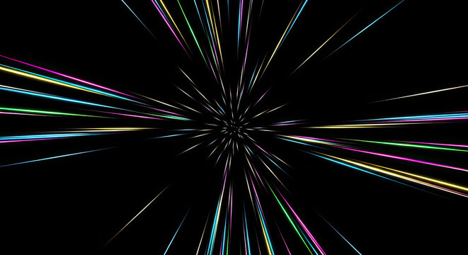 A vibrant, multicolored burst radiates outward from a central point against a stark black background. The image evokes a sense of energy, speed, and otherworldly expansion.