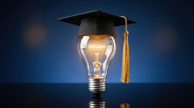 Glowing lightbulb wearing a graduation cap representing education idea and knowledge on blue background