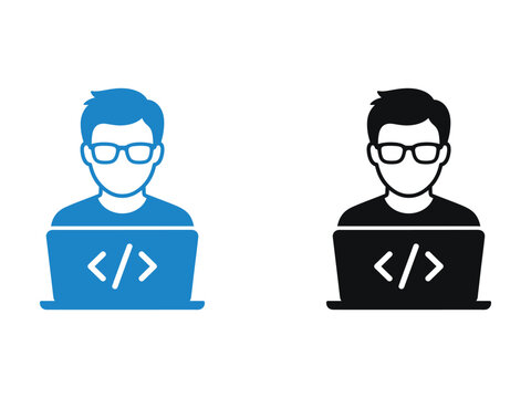 Set of programmer icons with laptop and coding symbols.