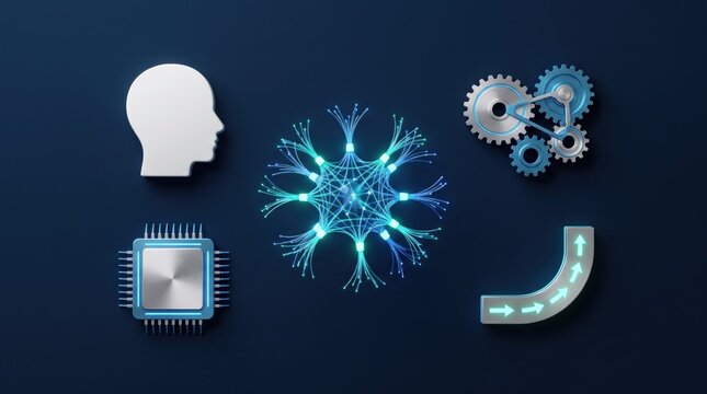 Artificial intelligence and machine learning concept with 3d icons of brain network and microchip