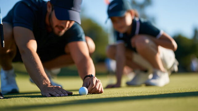 Professional golf coach guiding a young student's ball address position, sports mentorship concept, with copy space