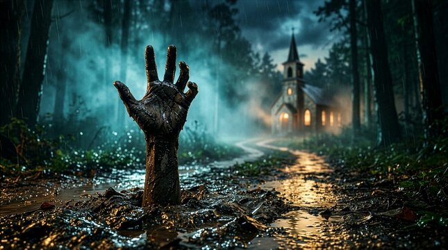 A terrifying zombie hand emerging from the wet muddy ground during a rainy night, with an old illuminated church standing under an eerie, misty forest background for a Halloween theme.
