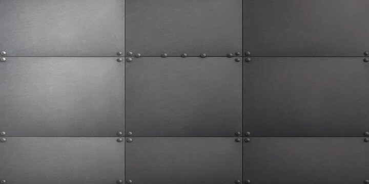 Industrial metallic wall panels with visible rivets and bolts metal panels riveted metal background steel wall modular design bolt connection metallic surface grey texture