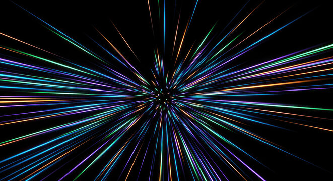 A vibrant, dynamic image depicts a burst of multicolored light emanating from a central point.