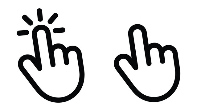 Hand cursor click vector icon set featuring pointing finger with click ray burst and standard touch gesture symbols
