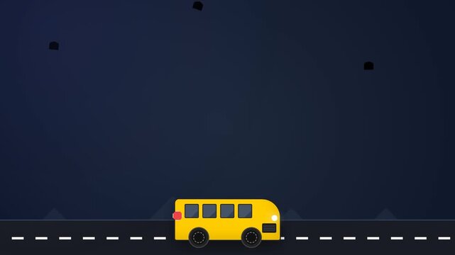 Minimalist vector illustration of a yellow school bus driving on a dark highway at night.
