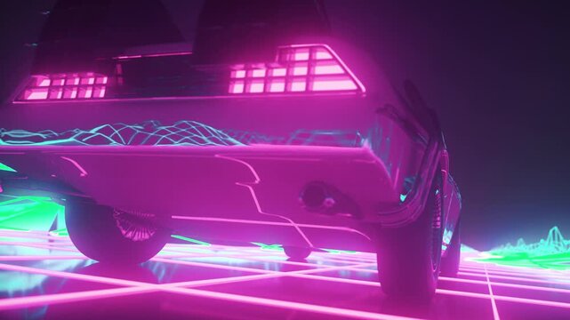 Futuristic Sports Car Driving Through Vibrant Neon Cyberpunk Night Scene