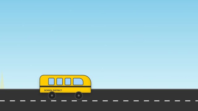 Yellow school bus driving on a road under a blue sky vector illustration.