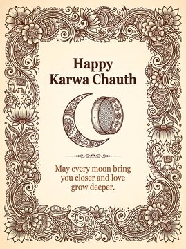 Happy karwa chauth card with traditional henna floral border design.