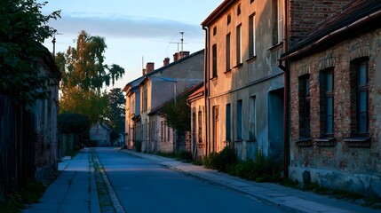 Fototapeta premium A quiet street lined with old brick and plaster buildings under soft evening light trees and overgrown sidewalks visible