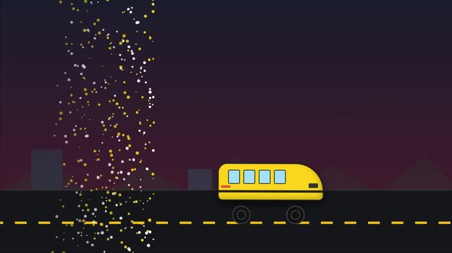 A yellow bus driving on a dark highway under sparkling night sky.