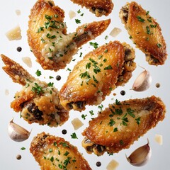 Fototapeta premium Crispy fried chicken wings covered in garlic parmesan sauce and fresh parsley float in air. Ingredients like garlic cloves, peppercorns, and cheese bits surround the tasty poultry appetizer.