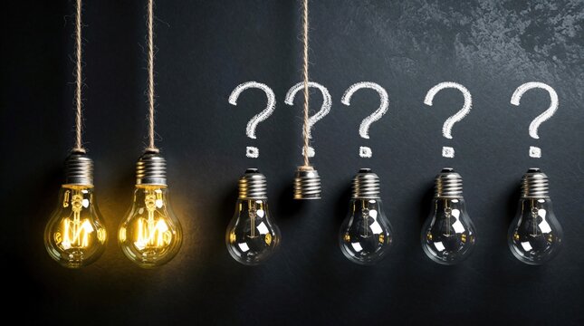 Incandescent bulbs hang before chalk question marks on dark blackboard. Two bulbs glow brightly, others appear unlit. Symbolizes inquiry and discovery, idea generation or problem solving.