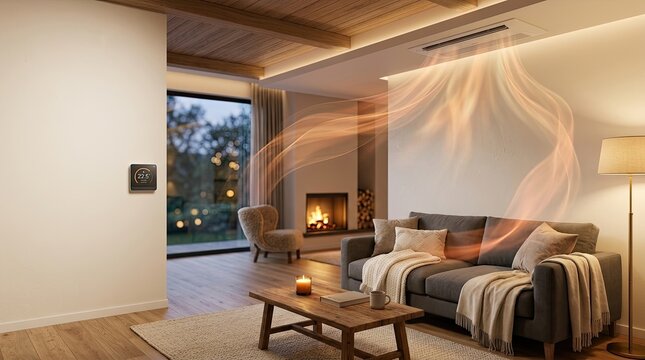 A warm, inviting living room scene showcases a modern home with a focus on air comfort. A sleek smart thermostat is mounted on a light beige wall.