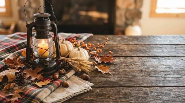 A vintage kerosene lantern illuminates a rustic wooden table adorned with autumnal decorations.