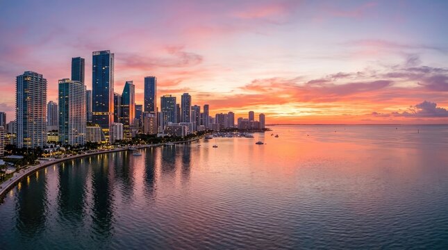 A stunning aerial photograph captures the Miami skyline at sunset. The vibrant sky displays a gradient of pink, orange, and red hues, reflecting beautifully on the calm waters of Biscayne Bay.